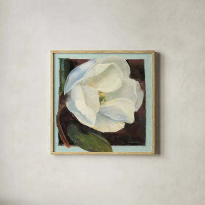 Magnolia I by Carol Rowan. Shown in a natural wood glass frame for a timeless modern aesthetic. Available as an archival giclee rolled canvas, fine art paper, or poster print. SKU 7859a.
