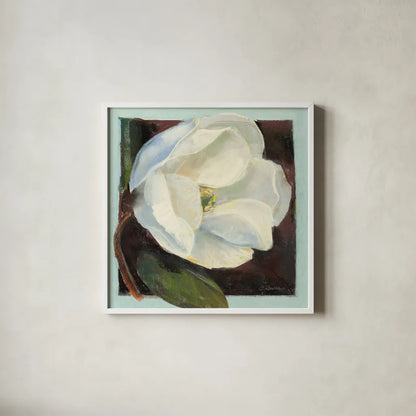 Magnolia I by Carol Rowan. Shown in a crisp white glass frame for a clean and minimalist style. Available as an archival giclee rolled canvas, fine art paper, or poster print. SKU 7859a.