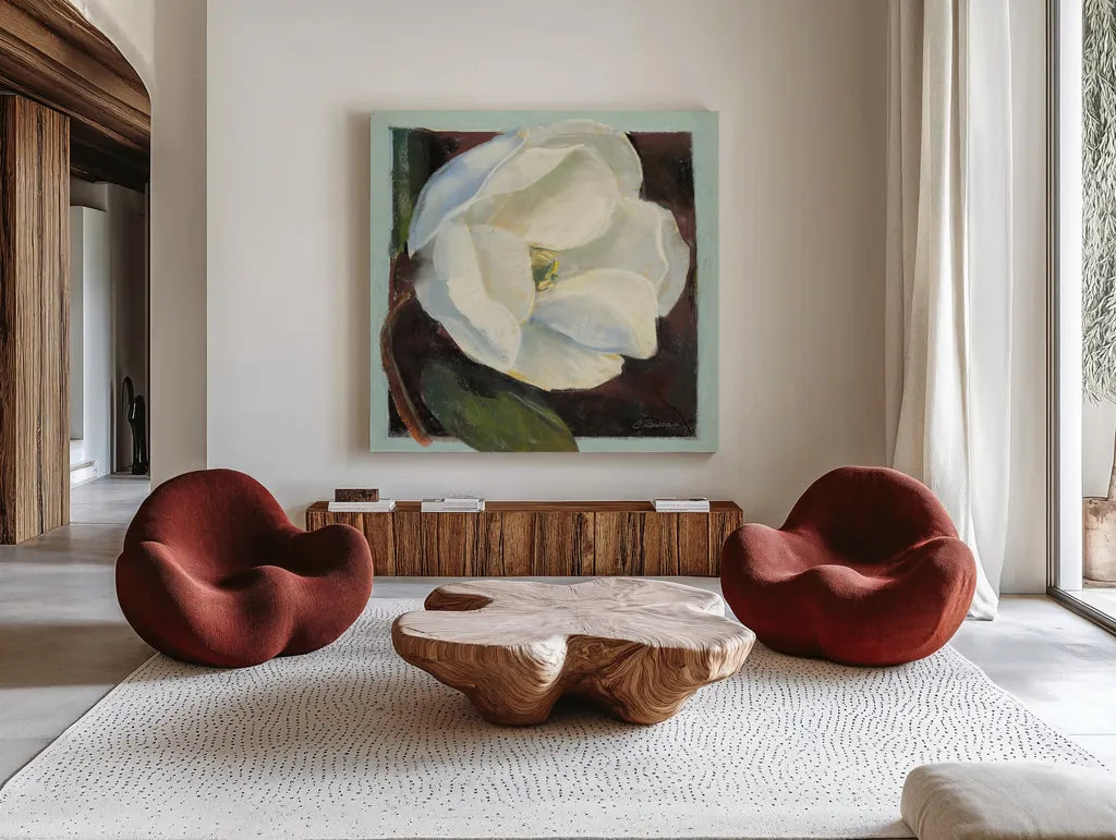 Magnolia I by Carol Rowan. Shown as extra-large giant wall art in a modern living room. Available as an archival giclee rolled canvas, fine art paper, or poster print. SKU 7859a.