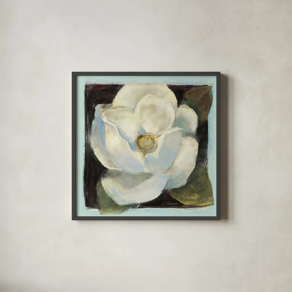 Magnolia II by Carol Rowan. Shown in a sleek black glass frame for a contemporary gallery look. Available as an archival giclee rolled canvas, fine art paper, or poster print. SKU 7860a.