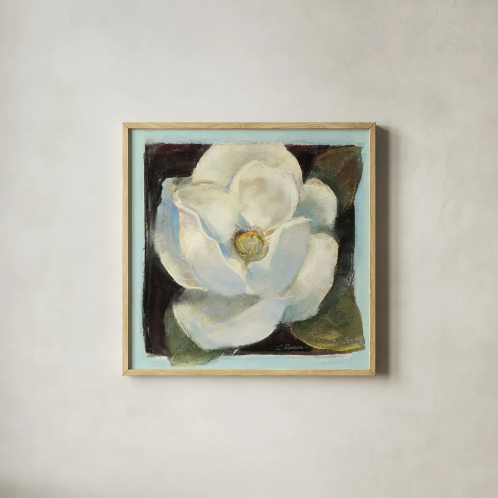 Magnolia II by Carol Rowan. Shown in a natural wood glass frame for a timeless modern aesthetic. Available as an archival giclee rolled canvas, fine art paper, or poster print. SKU 7860a.