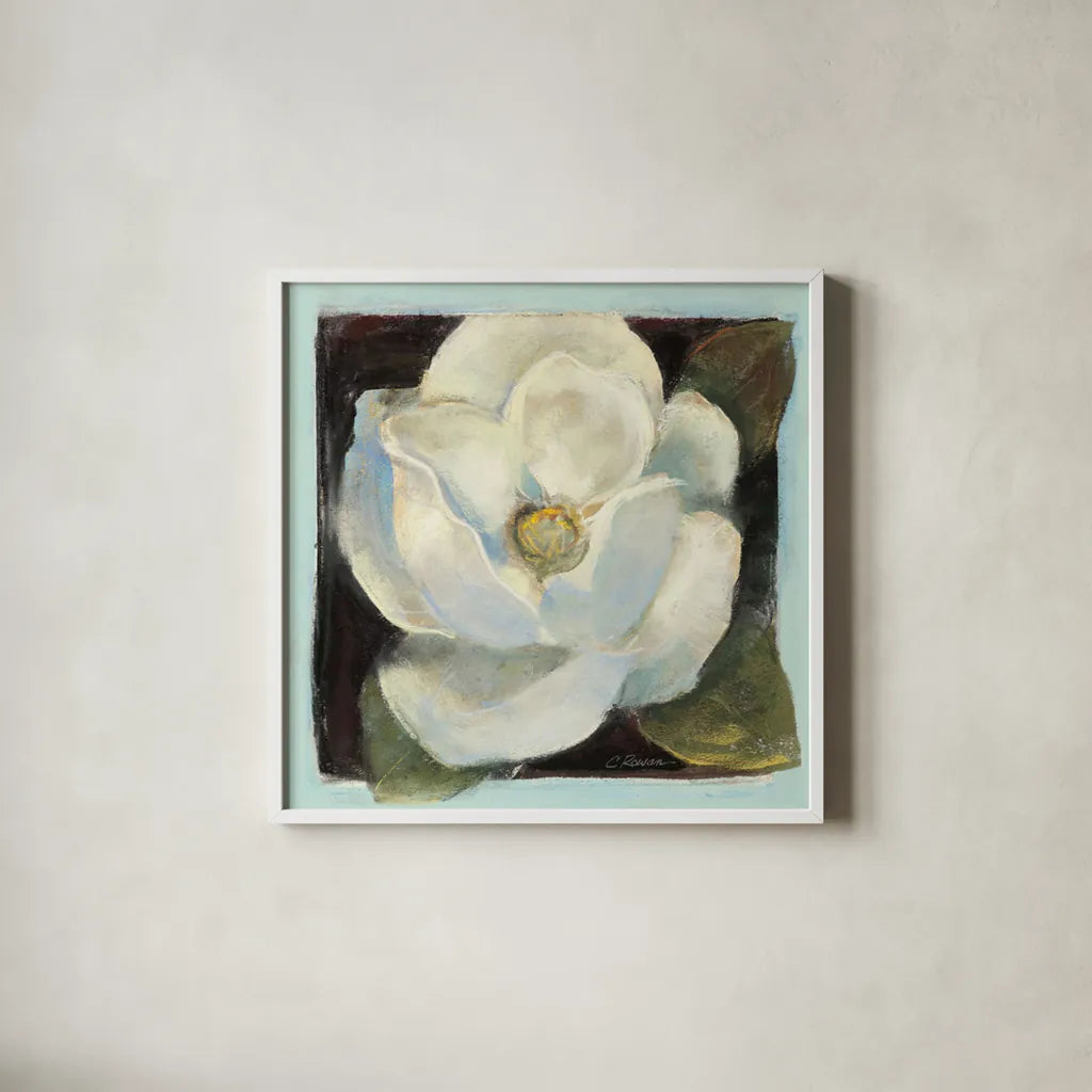 Magnolia II by Carol Rowan. Shown in a crisp white glass frame for a clean and minimalist style. Available as an archival giclee rolled canvas, fine art paper, or poster print. SKU 7860a.