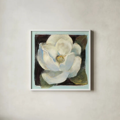 Magnolia II by Carol Rowan. Shown in a crisp white glass frame for a clean and minimalist style. Available as an archival giclee rolled canvas, fine art paper, or poster print. SKU 7860a.