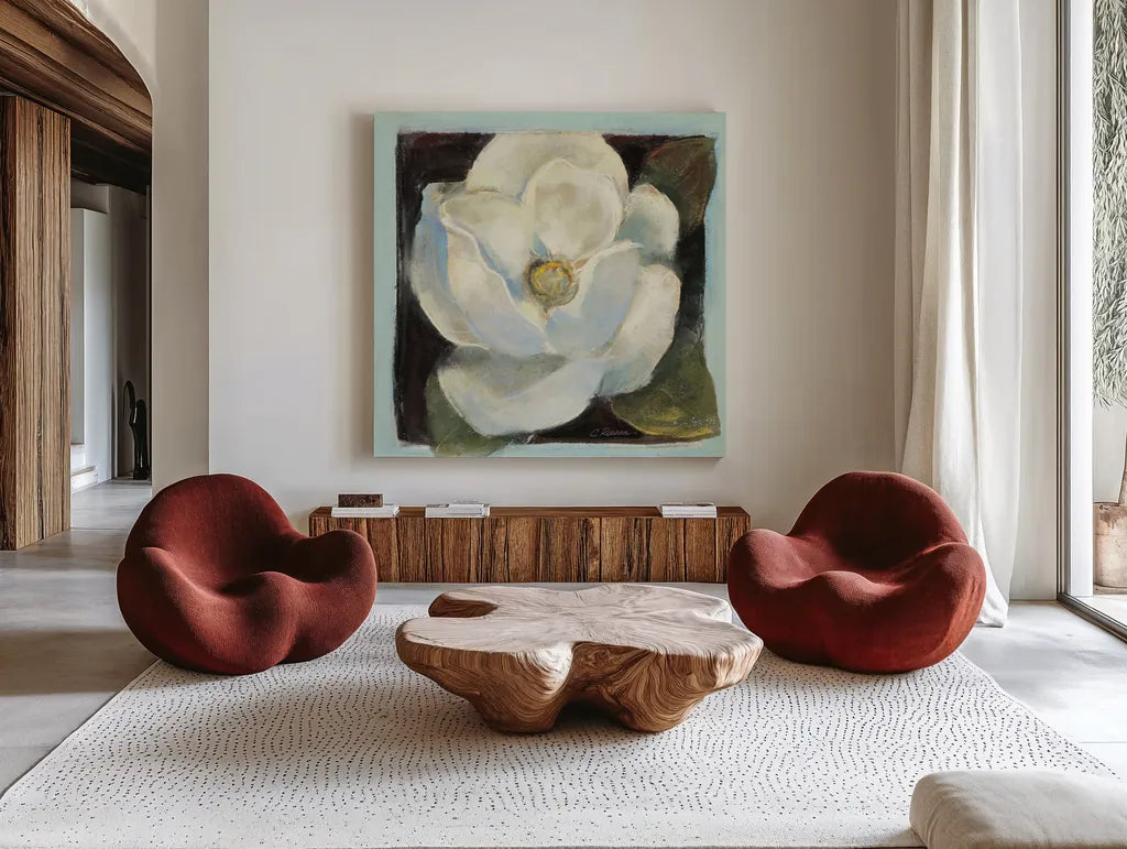 Magnolia II by Carol Rowan. Shown as extra-large giant wall art in a modern living room. Available as an archival giclee rolled canvas, fine art paper, or poster print. SKU 7860a.