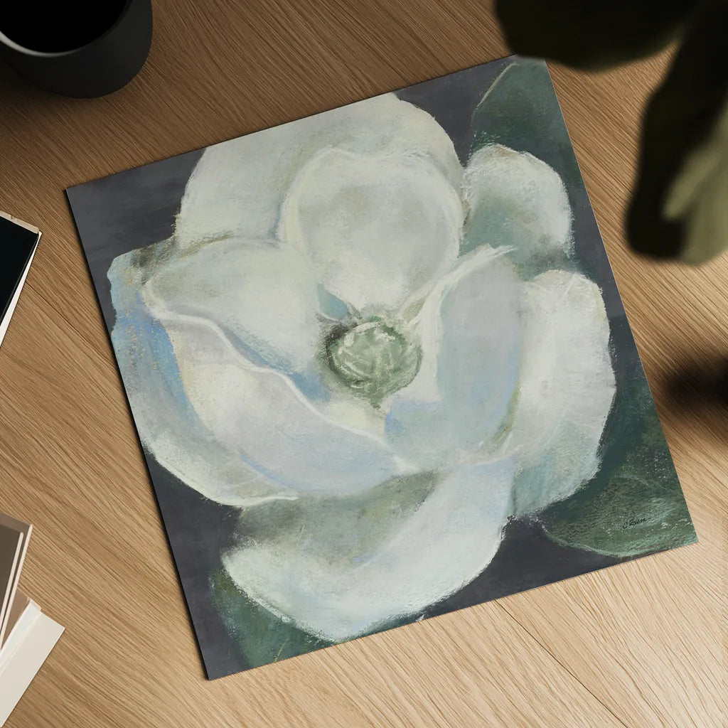Magnolia II Sage by Carol Rowan. Shown as a detailed flat fine art print, highlighting archival giclee quality. Available as an archival giclee rolled canvas, fine art paper, or poster print. SKU 47395a.