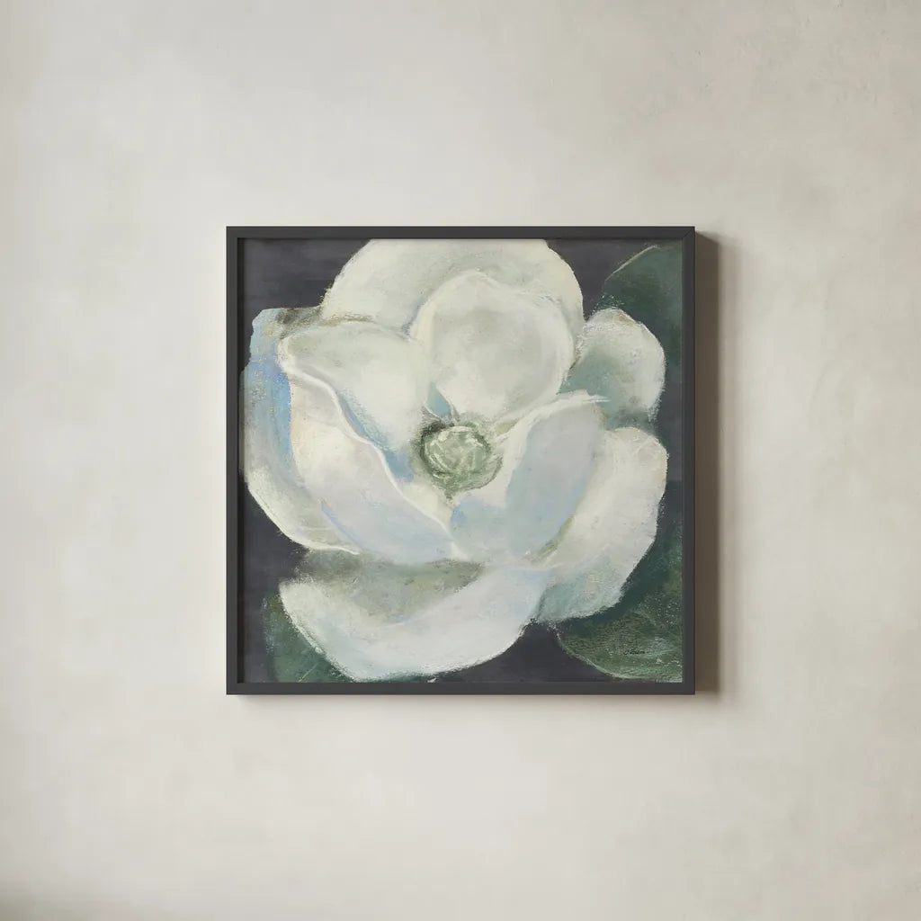 Magnolia II Sage by Carol Rowan. Shown in a sleek black glass frame for a contemporary gallery look. Available as an archival giclee rolled canvas, fine art paper, or poster print. SKU 47395a.