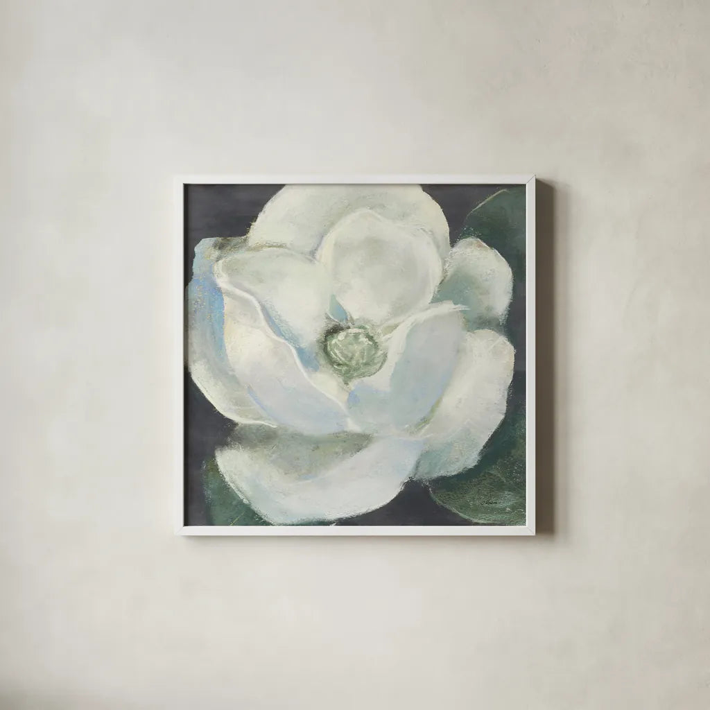 Magnolia II Sage by Carol Rowan. Shown in a crisp white glass frame for a clean and minimalist style. Available as an archival giclee rolled canvas, fine art paper, or poster print. SKU 47395a.