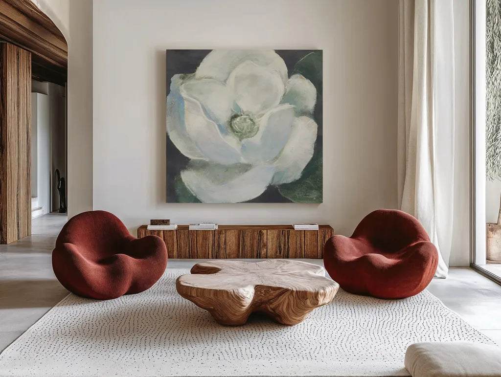 Magnolia II Sage by Carol Rowan. Shown as extra-large giant wall art in a modern living room. Available as an archival giclee rolled canvas, fine art paper, or poster print. SKU 47395a.