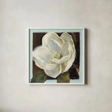 Magnolia III by Carol Rowan. Shown in a crisp white glass frame for a clean and minimalist style. Available as an archival giclee rolled canvas, fine art paper, or poster print. SKU 7861a.