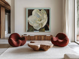 Magnolia III by Carol Rowan. Shown as extra-large giant wall art in a modern living room. Available as an archival giclee rolled canvas, fine art paper, or poster print. SKU 7861a.