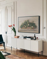 Market Geraniums Crop by Carol Rowan. shown as a framed stretched canvas in a living room above a console. Available as a archival giclee rolled canvas, fine art paper, or poster print. SKU 35803i.