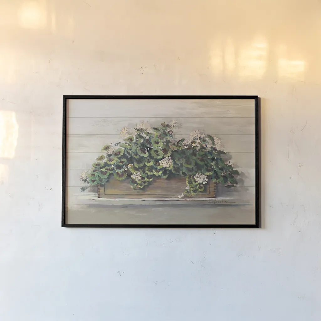 Market Geraniums Crop by Carol Rowan. shown as a paper print in a black flame. Available as a archival giclee rolled canvas, fine art paper, or poster print. SKU 35803i.