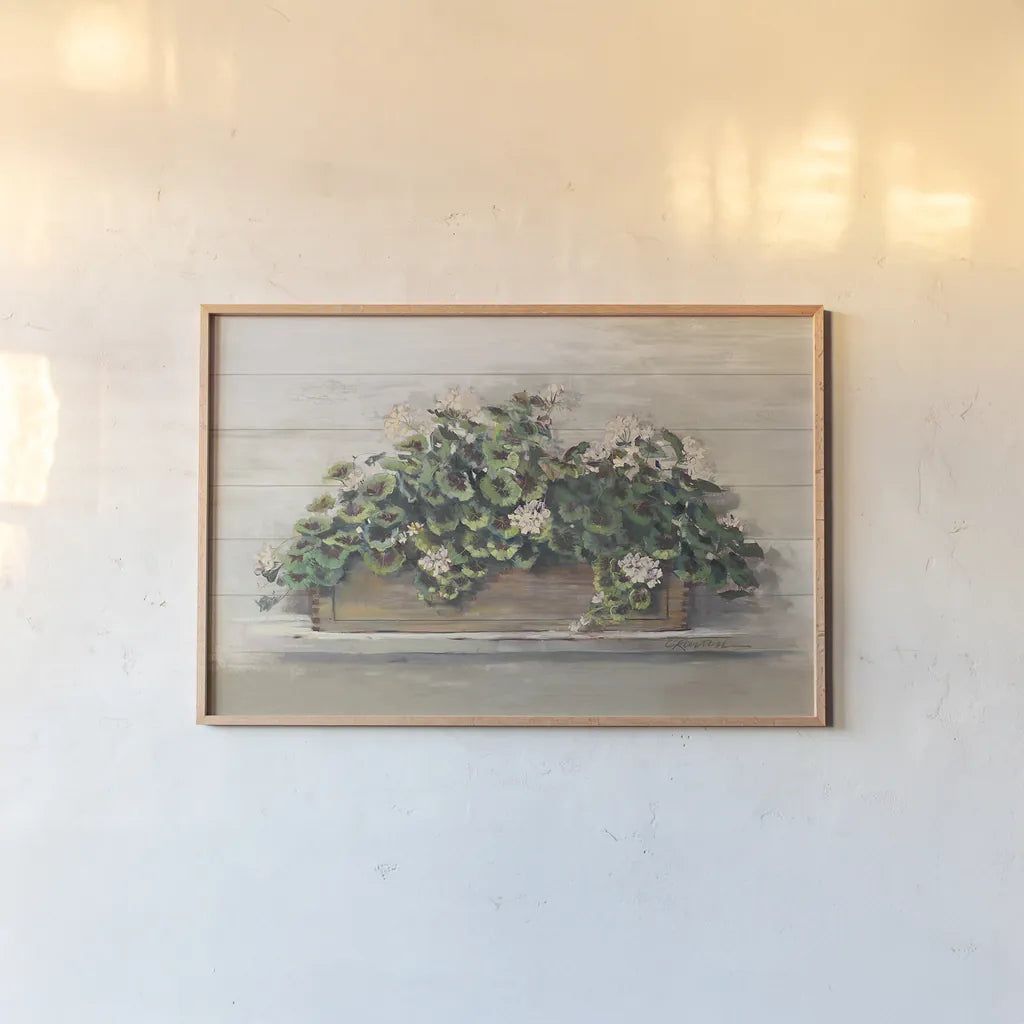 Market Geraniums Crop by Carol Rowan. shown as a paper print in a natural frame. Available as a archival giclee rolled canvas, fine art paper, or poster print. SKU 35803i.