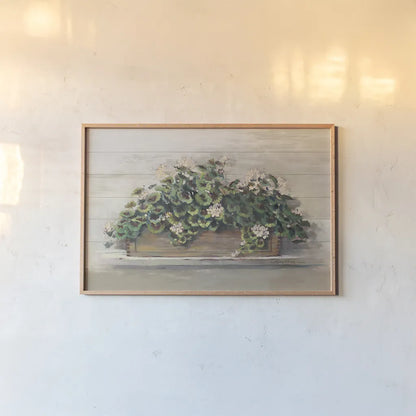 Market Geraniums Crop by Carol Rowan. shown as a paper print in a natural frame. Available as a archival giclee rolled canvas, fine art paper, or poster print. SKU 35803i.