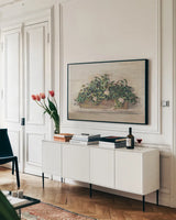 Market Geraniums Farmers Market Crop by Carol Rowan. shown as a framed stretched canvas in a living room above a console. Available as a archival giclee rolled canvas, fine art paper, or poster print. SKU 40797i.
