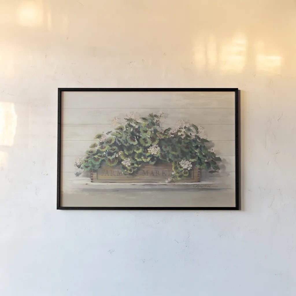 Market Geraniums Farmers Market Crop by Carol Rowan. shown as a paper print in a black flame. Available as a archival giclee rolled canvas, fine art paper, or poster print. SKU 40797i.