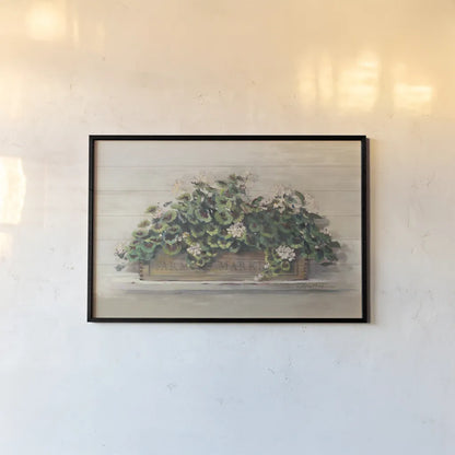 Market Geraniums Farmers Market Crop by Carol Rowan. shown as a paper print in a black flame. Available as a archival giclee rolled canvas, fine art paper, or poster print. SKU 40797i.