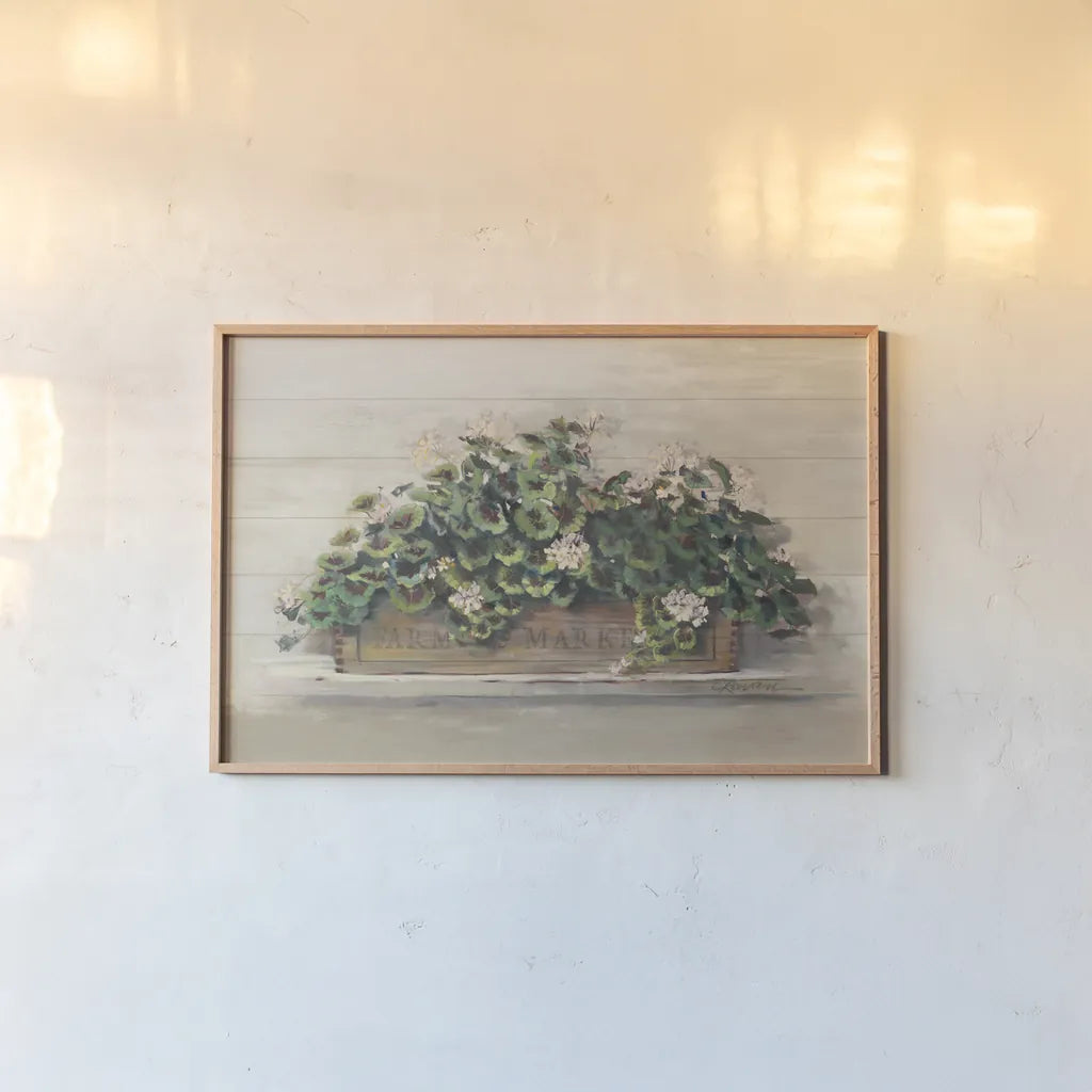 Market Geraniums Farmers Market Crop by Carol Rowan. shown as a paper print in a natural frame. Available as a archival giclee rolled canvas, fine art paper, or poster print. SKU 40797i.