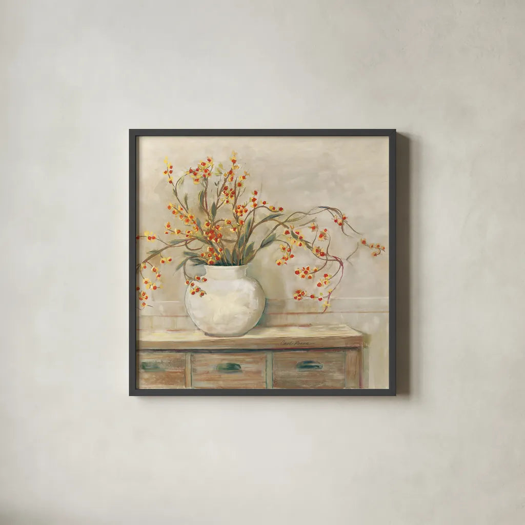 Nancy Bittersweet Neutral Sq by Carol Rowan. Shown in a sleek black glass frame for a contemporary gallery look. Available as an archival giclee rolled canvas, fine art paper, or poster print. SKU 65553a.