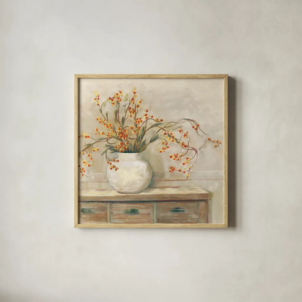 Nancy Bittersweet Neutral Sq by Carol Rowan. Shown in a natural wood glass frame for a timeless modern aesthetic. Available as an archival giclee rolled canvas, fine art paper, or poster print. SKU 65553a.