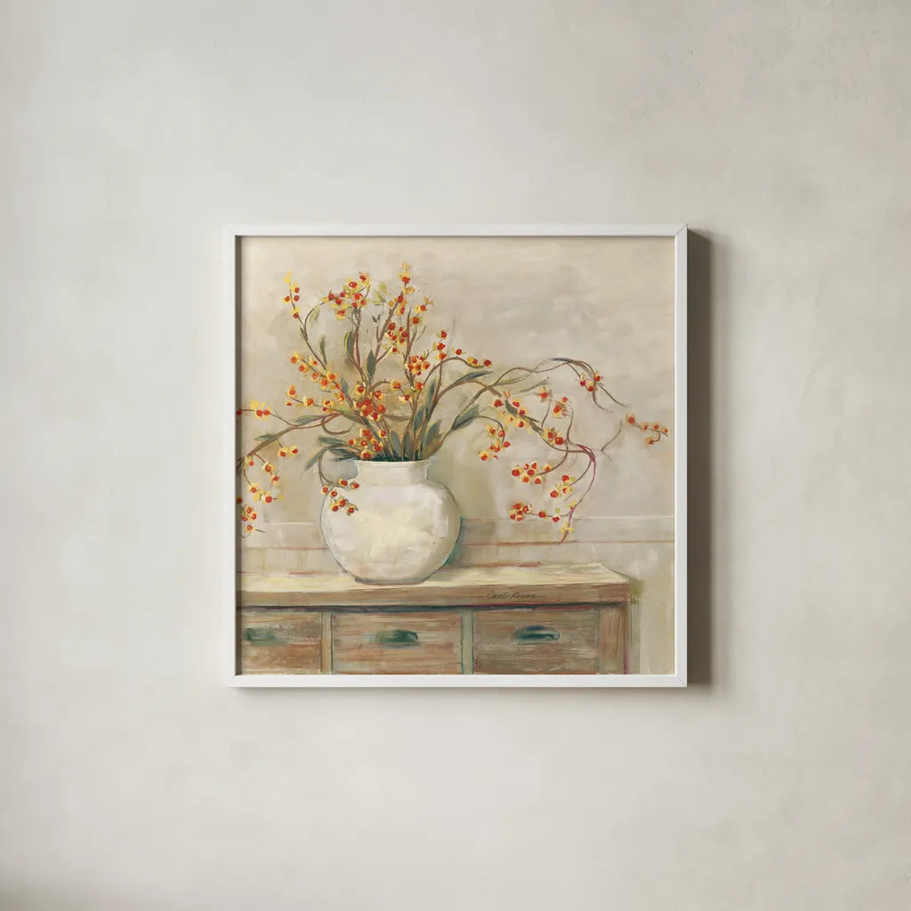 Nancy Bittersweet Neutral Sq by Carol Rowan. Shown in a crisp white glass frame for a clean and minimalist style. Available as an archival giclee rolled canvas, fine art paper, or poster print. SKU 65553a.