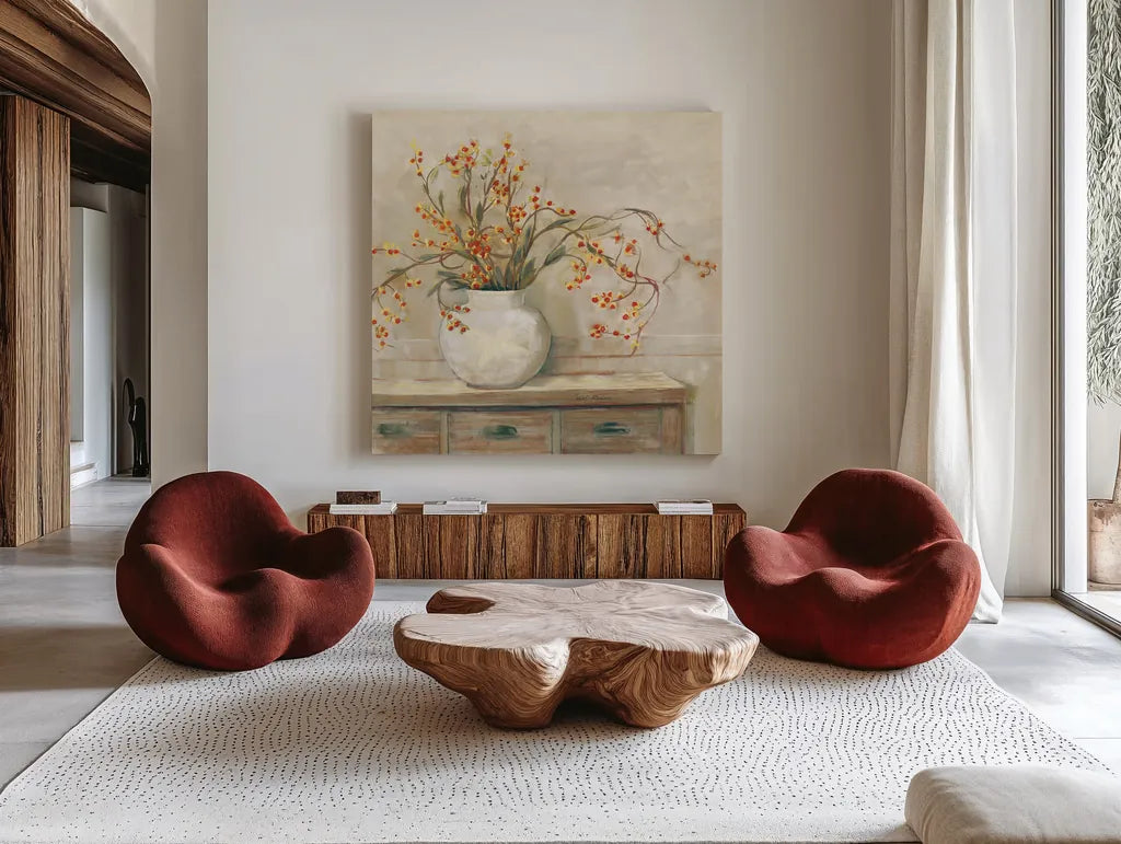 Nancy Bittersweet Neutral Sq by Carol Rowan. Shown as extra-large giant wall art in a modern living room. Available as an archival giclee rolled canvas, fine art paper, or poster print. SKU 65553a.