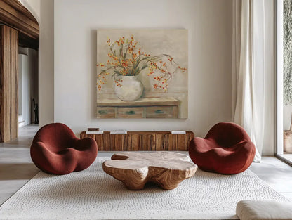 Nancy Bittersweet Neutral Sq by Carol Rowan. Shown as extra-large giant wall art in a modern living room. Available as an archival giclee rolled canvas, fine art paper, or poster print. SKU 65553a.