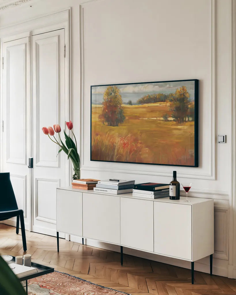 October Light by Carol Rowan. shown as a framed stretched canvas in a living room above a console. Available as a archival giclee rolled canvas, fine art paper, or poster print. SKU 5037i.