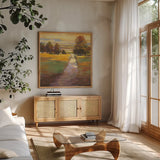 October Path by Carol Rowan. Shown in a natural wood frame in a cozy modern living room. Available as an archival giclee rolled canvas, fine art paper, or poster print. SKU 12781a.