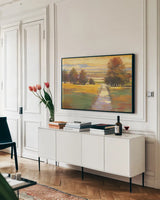 October Path Crop by Carol Rowan. shown as a framed stretched canvas in a living room above a console. Available as a archival giclee rolled canvas, fine art paper, or poster print. SKU 12781i.