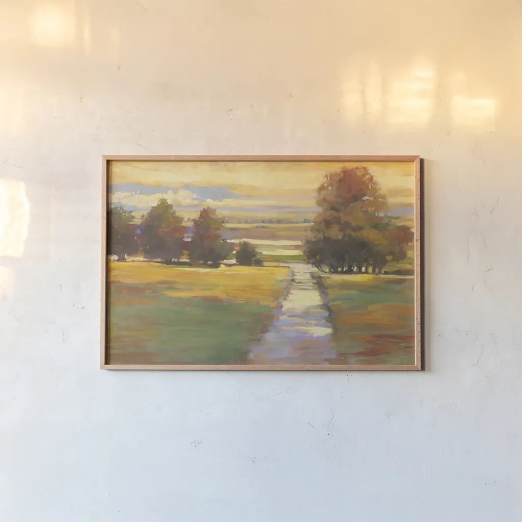 October Path Crop by Carol Rowan. shown as a paper print in a natural frame. Available as a archival giclee rolled canvas, fine art paper, or poster print. SKU 12781i.