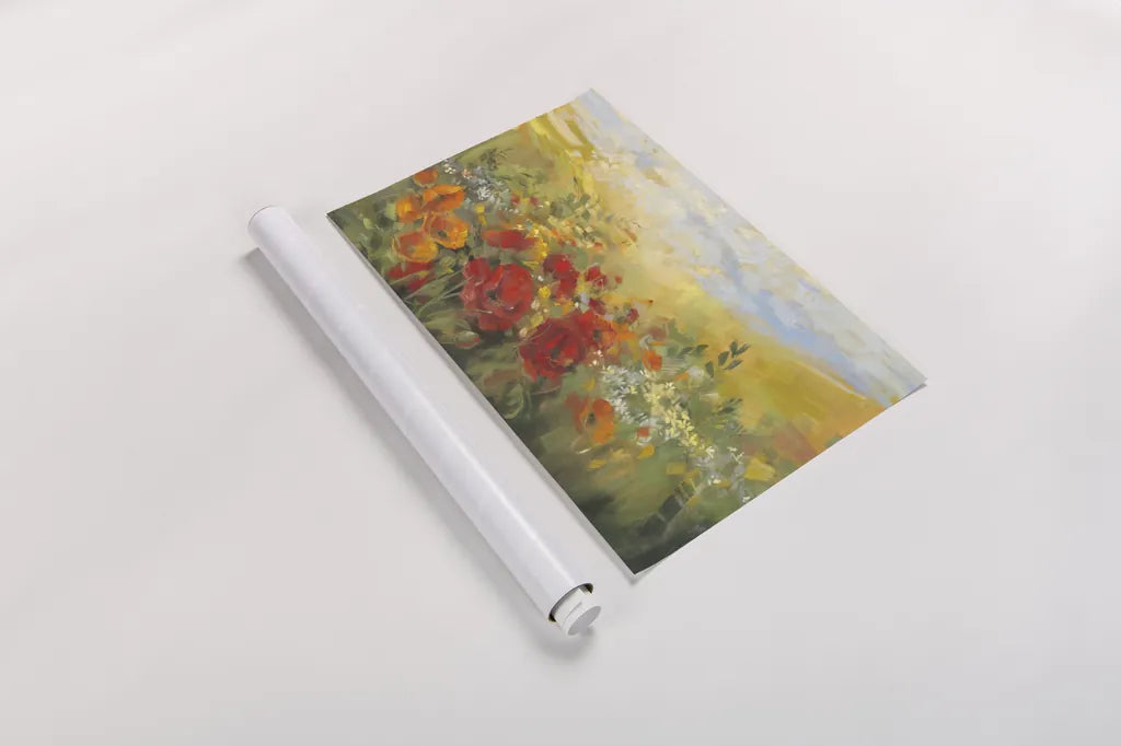 Oriental Poppy Field Crop by Carol Rowan. shown as a rolled paper print. Available as archival giclee rolled canvas, fine art paper, or poster print. SKU 52825i.