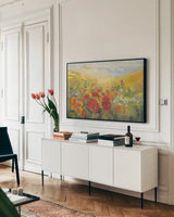 Oriental Poppy Field Crop by Carol Rowan. shown as a framed stretched canvas in a living room above a console. Available as a archival giclee rolled canvas, fine art paper, or poster print. SKU 52825i.
