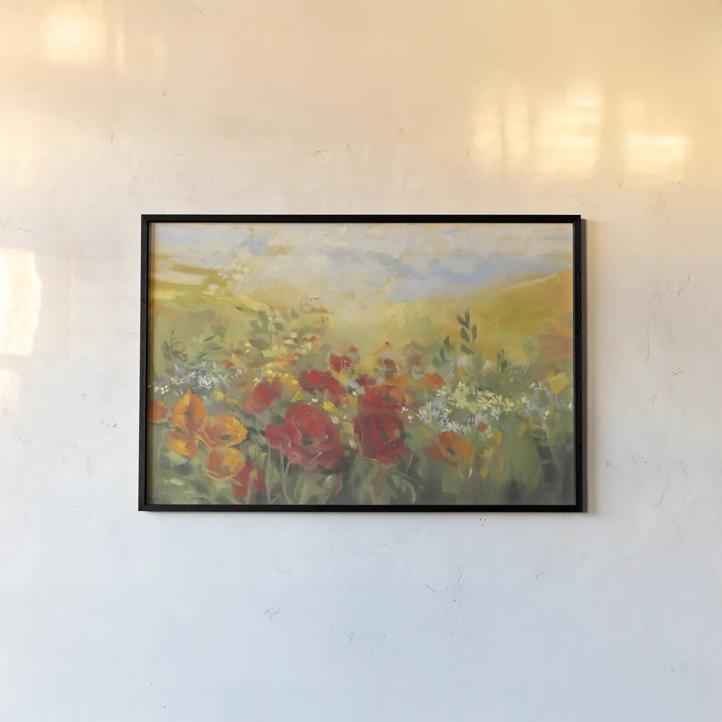 Oriental Poppy Field Crop by Carol Rowan. shown as a paper print in a black flame. Available as a archival giclee rolled canvas, fine art paper, or poster print. SKU 52825i.