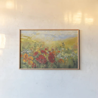 Oriental Poppy Field Crop by Carol Rowan. shown as a paper print in a natural frame. Available as a archival giclee rolled canvas, fine art paper, or poster print. SKU 52825i.