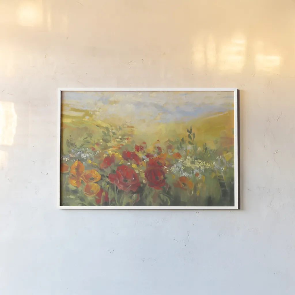 Oriental Poppy Field Crop by Carol Rowan. shown as a paper print in a white frame. Available as a archival giclee rolled canvas, fine art paper, or poster print. SKU 52825i.