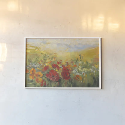 Oriental Poppy Field Crop by Carol Rowan. shown as a paper print in a white frame. Available as a archival giclee rolled canvas, fine art paper, or poster print. SKU 52825i.