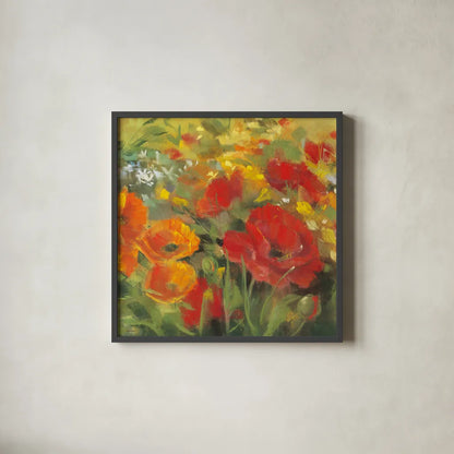 Oriental Poppy Field I by Carol Rowan. Shown in a sleek black glass frame for a contemporary gallery look. Available as an archival giclee rolled canvas, fine art paper, or poster print. SKU 7857a.