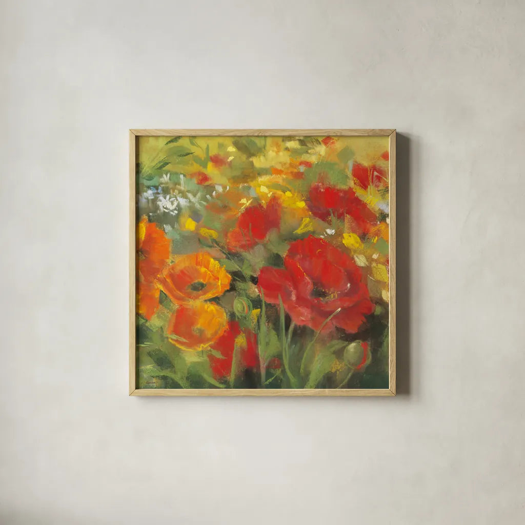 Oriental Poppy Field I by Carol Rowan. Shown in a natural wood glass frame for a timeless modern aesthetic. Available as an archival giclee rolled canvas, fine art paper, or poster print. SKU 7857a.