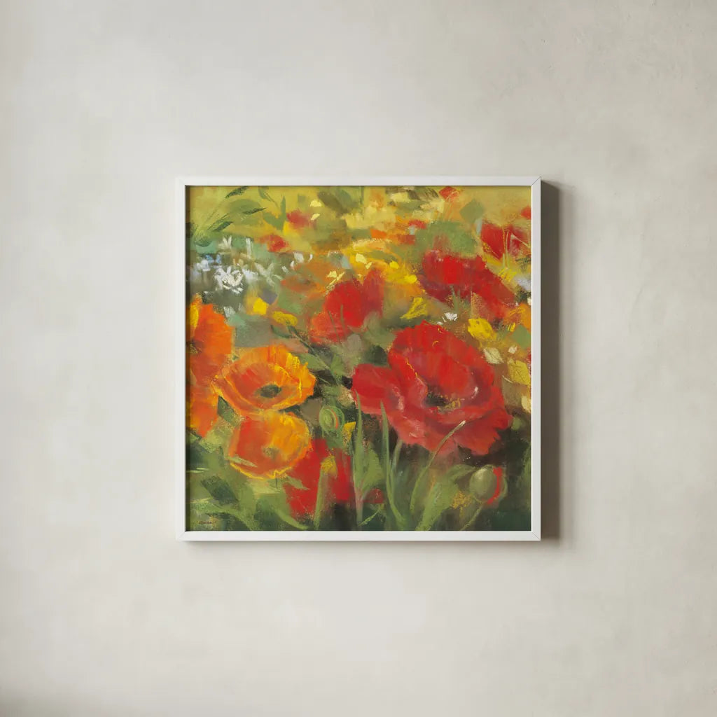 Oriental Poppy Field I by Carol Rowan. Shown in a crisp white glass frame for a clean and minimalist style. Available as an archival giclee rolled canvas, fine art paper, or poster print. SKU 7857a.