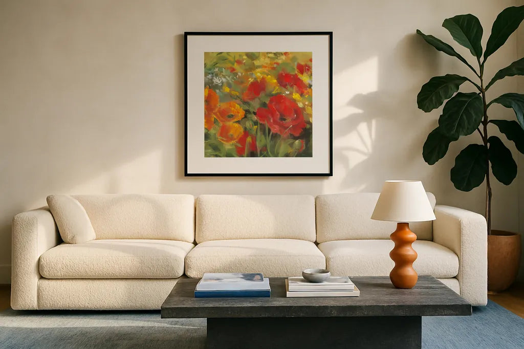 Oriental Poppy Field I by Carol Rowan. Displayed in a glass frame with matte in a clean modern living room. Available as an archival giclee rolled canvas, fine art paper, or poster print. SKU 7857a.