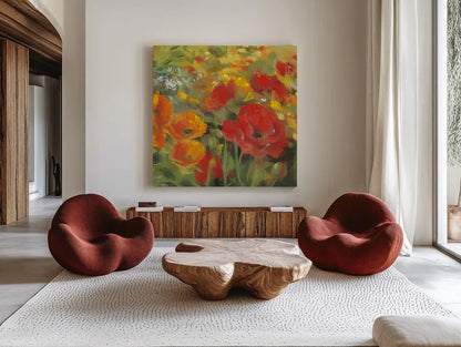 Oriental Poppy Field I by Carol Rowan. Shown as extra-large giant wall art in a modern living room. Available as an archival giclee rolled canvas, fine art paper, or poster print. SKU 7857a.