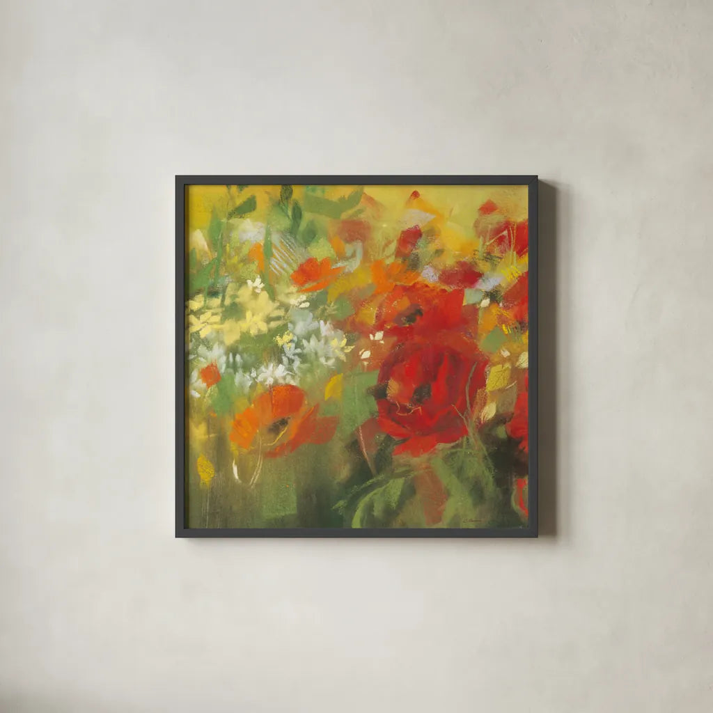 Oriental Poppy Field II by Carol Rowan. Shown in a sleek black glass frame for a contemporary gallery look. Available as an archival giclee rolled canvas, fine art paper, or poster print. SKU 7858a.