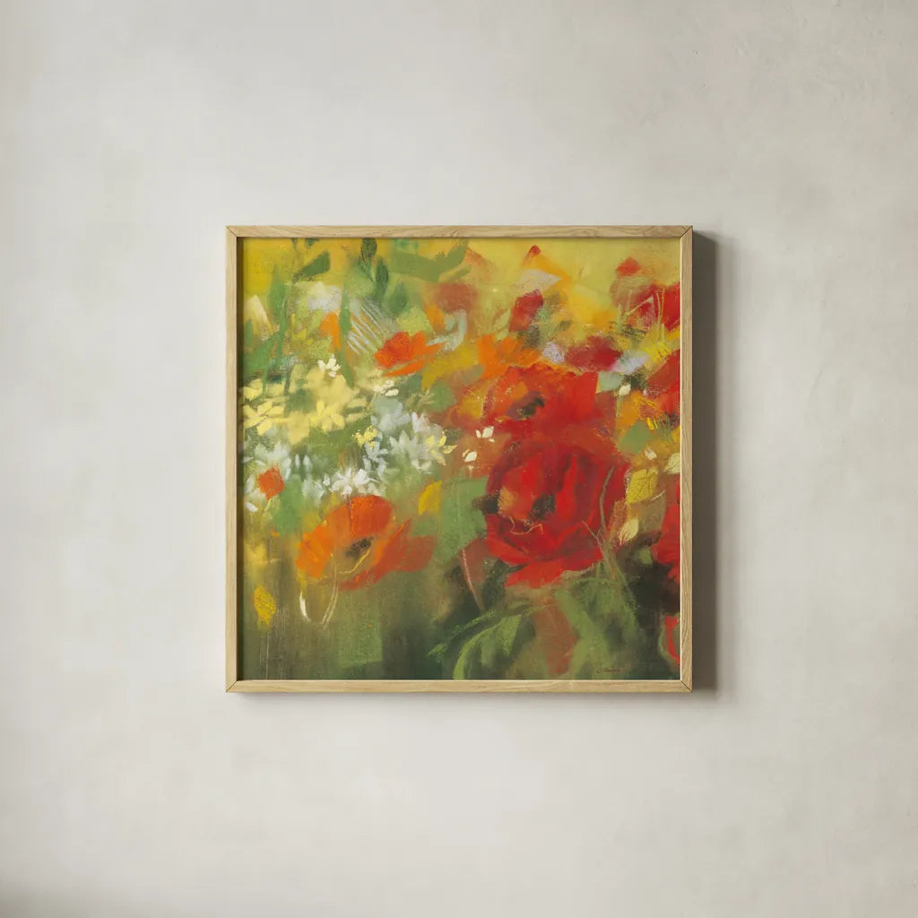 Oriental Poppy Field II by Carol Rowan. Shown in a natural wood glass frame for a timeless modern aesthetic. Available as an archival giclee rolled canvas, fine art paper, or poster print. SKU 7858a.