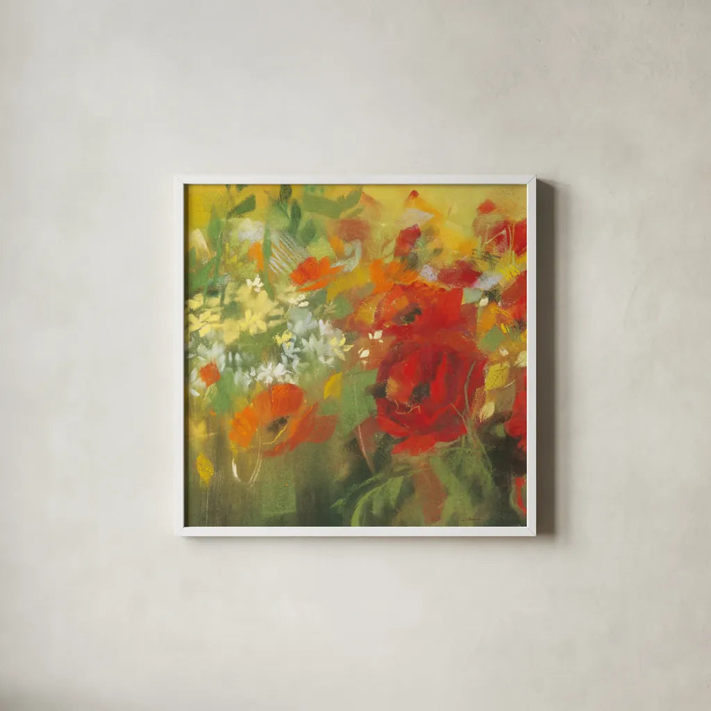 Oriental Poppy Field II by Carol Rowan. Shown in a crisp white glass frame for a clean and minimalist style. Available as an archival giclee rolled canvas, fine art paper, or poster print. SKU 7858a.
