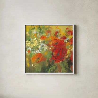 Oriental Poppy Field II by Carol Rowan. Shown in a crisp white glass frame for a clean and minimalist style. Available as an archival giclee rolled canvas, fine art paper, or poster print. SKU 7858a.