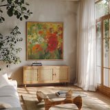 Oriental Poppy Field II by Carol Rowan. Shown in a natural wood frame in a cozy modern living room. Available as an archival giclee rolled canvas, fine art paper, or poster print. SKU 7858a.