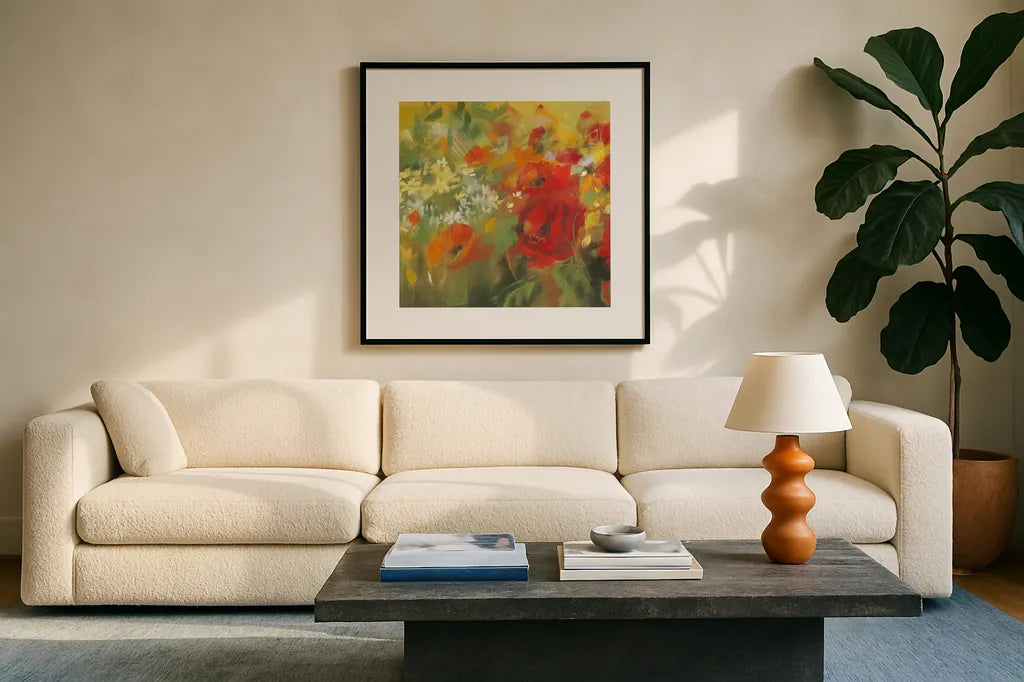 Oriental Poppy Field II by Carol Rowan. Displayed in a glass frame with matte in a clean modern living room. Available as an archival giclee rolled canvas, fine art paper, or poster print. SKU 7858a.