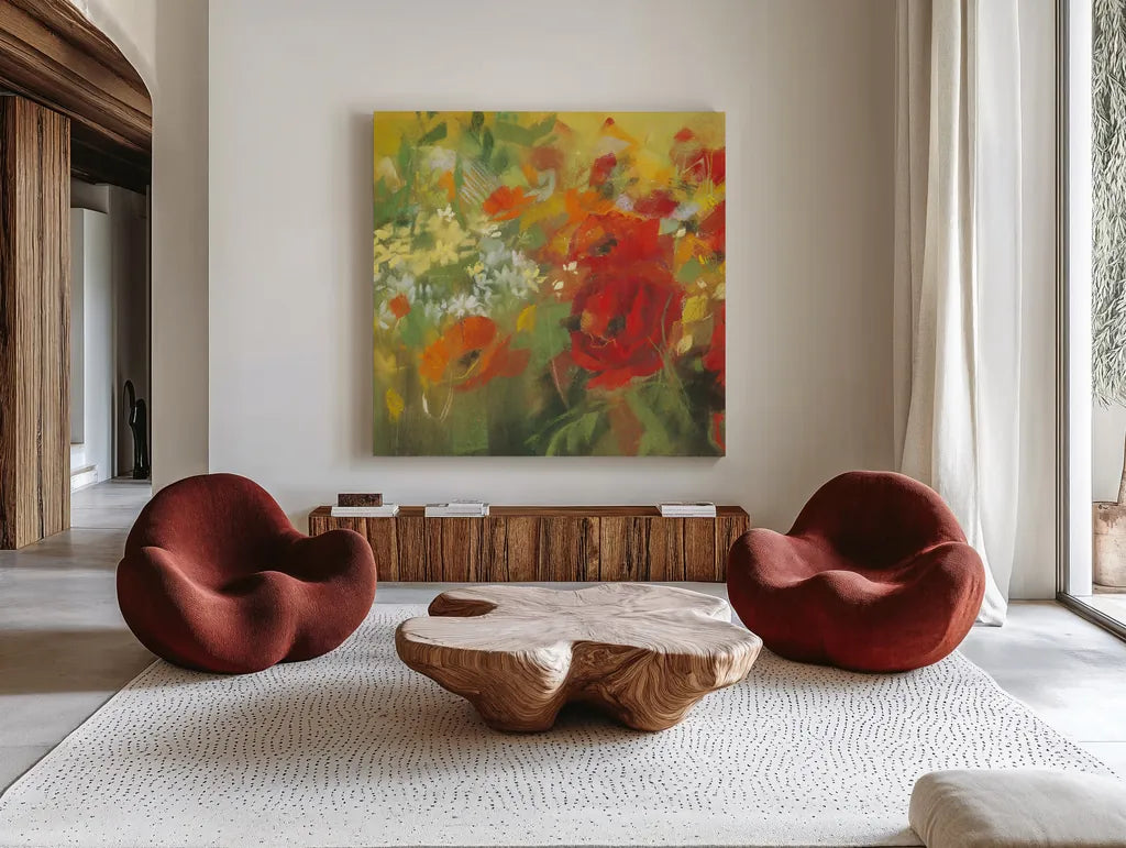 Oriental Poppy Field II by Carol Rowan. Shown as extra-large giant wall art in a modern living room. Available as an archival giclee rolled canvas, fine art paper, or poster print. SKU 7858a.