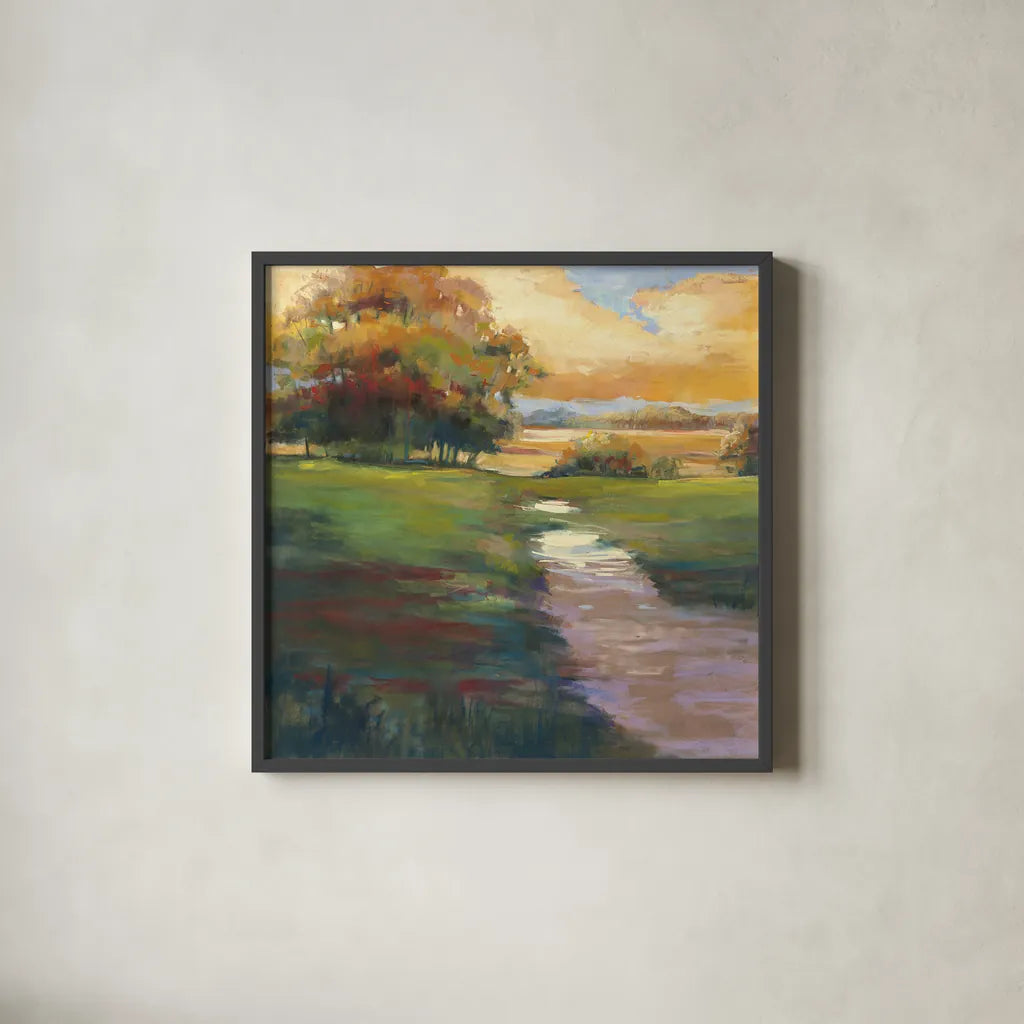 Out for a Walk by Carol Rowan. Shown in a sleek black glass frame for a contemporary gallery look. Available as an archival giclee rolled canvas, fine art paper, or poster print. SKU 21449a.